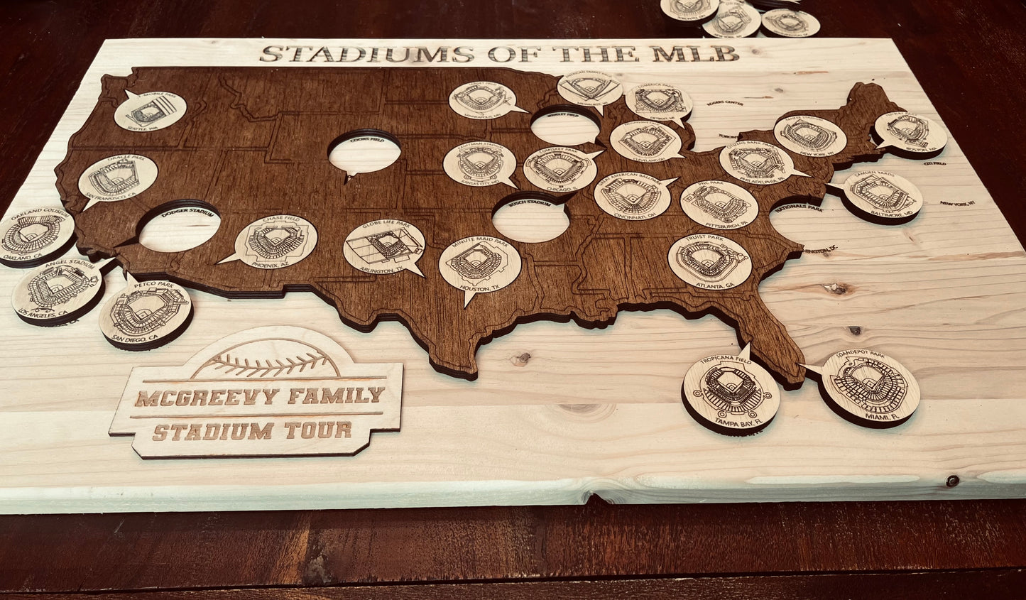 Personalized MLB Stadium Tour Map – Laser Engraved Baseball Stadium Tracker – Family Baseball Road Trip Gift