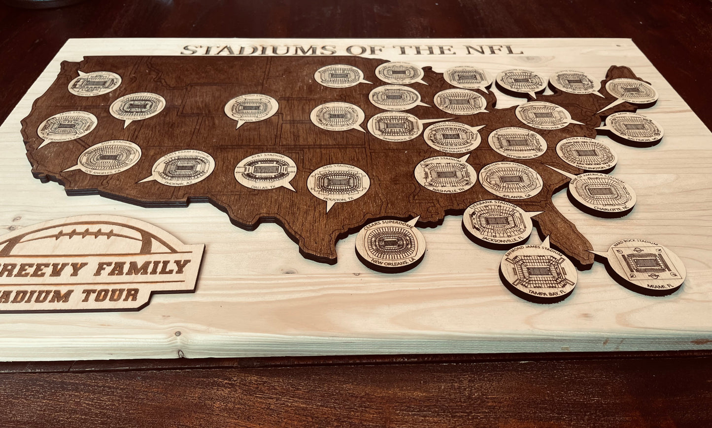 Personalized NFL Stadium Tour Map – Laser Engraved Football Stadium Tracker – Family Road Trip Gift for Football Fans