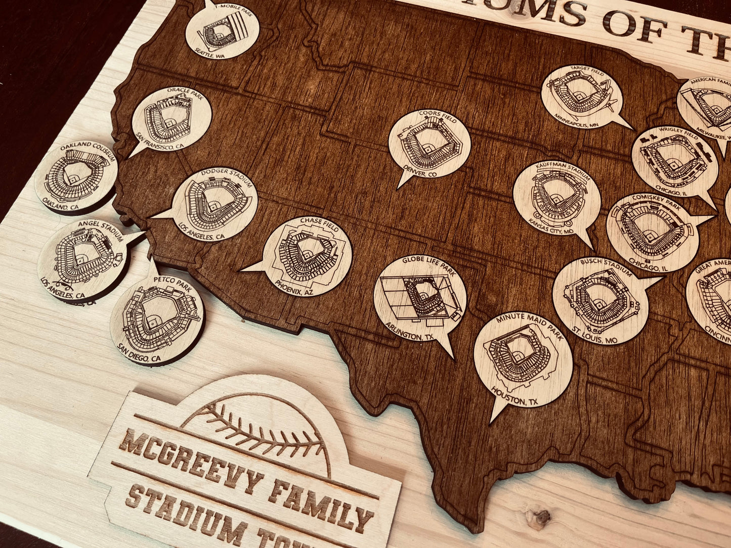 Personalized MLB Stadium Tour Map – Laser Engraved Baseball Stadium Tracker – Family Baseball Road Trip Gift