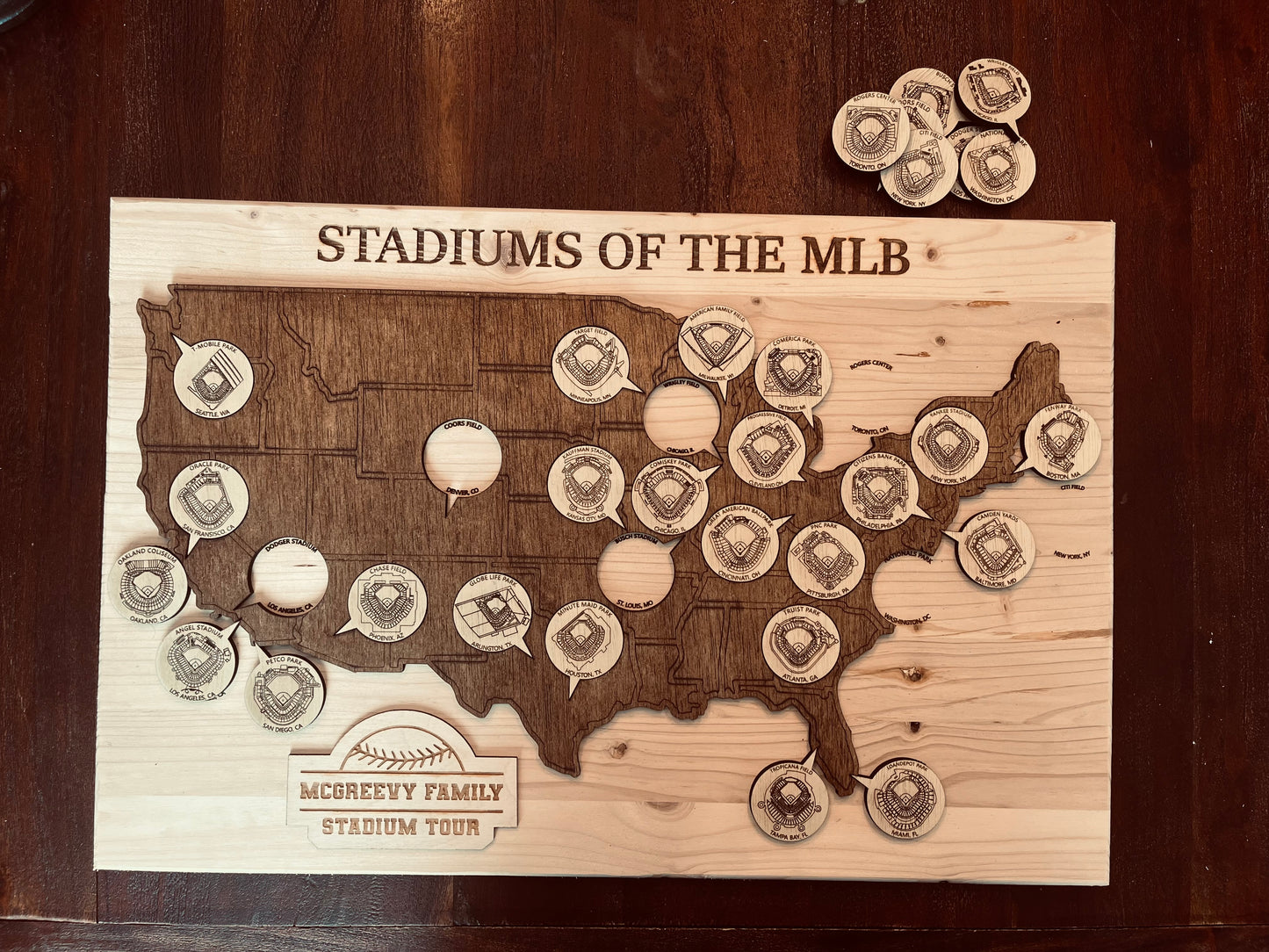 Personalized MLB Stadium Tour Map – Laser Engraved Baseball Stadium Tracker – Family Baseball Road Trip Gift