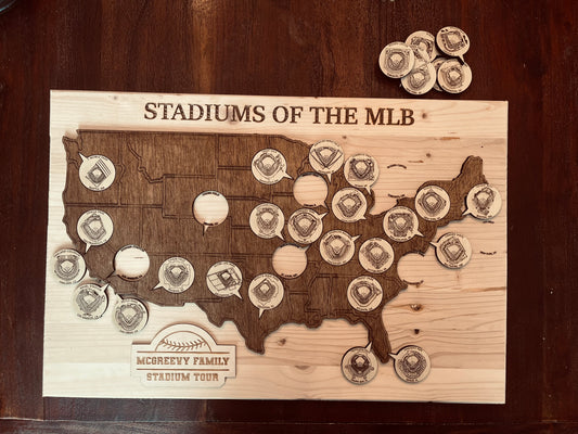 Personalized MLB Stadium Tour Map – Laser Engraved Baseball Stadium Tracker – Family Baseball Road Trip Gift